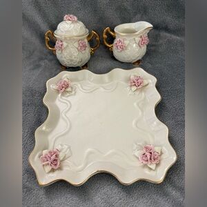 Beautiful Fine Porcelain Cracker Barrel Ivory 4 Piece Tea Set